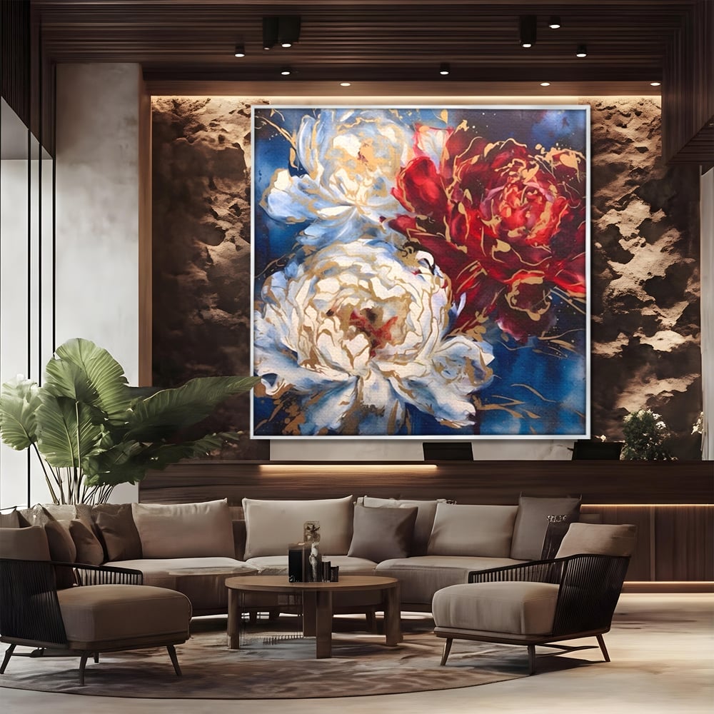 Tablou canvas cu tablou canvas cu trei bujori si foita aurie, in rama de aluminiu argintiu, pe perete intr-un birou